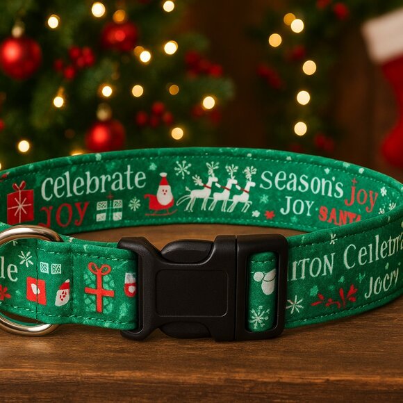 Christmas Dog Collar, Green Holiday Pet Collar, Santa and Reindeer Cotton Collar - Picture 1 of 5